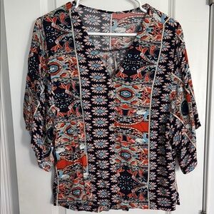 SHEIN NWOT Blue Orange and White Graphic Sailor Collar Blouse